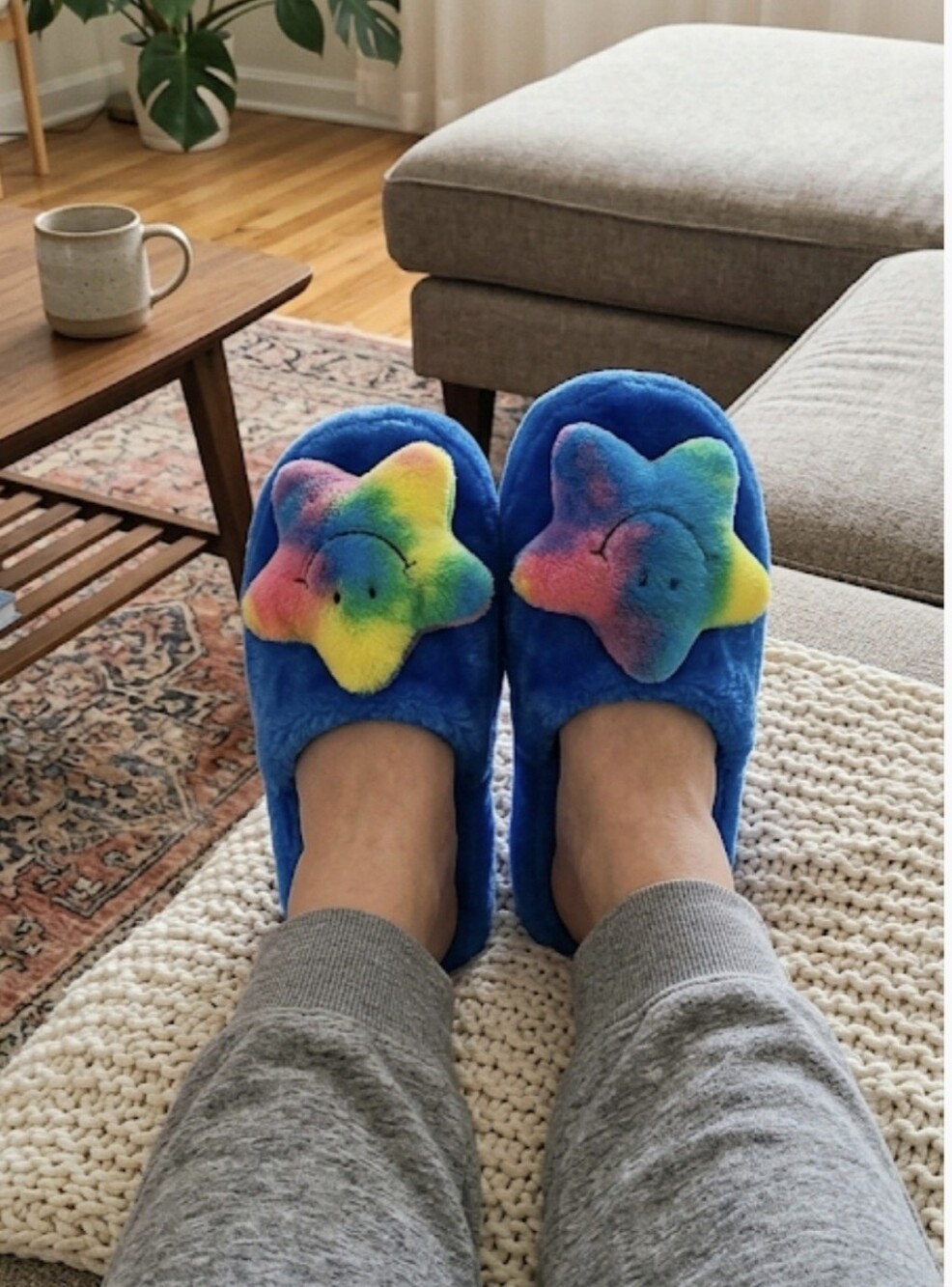 Quiet Moments Blue Plush Star Slippers Y2K Tie Dye Cozy House Shoes Size 7/8